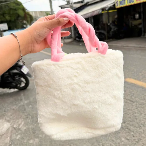 Túi Xách Vải Lông Mềm Mại Màu Trắng Hồng Hazeline