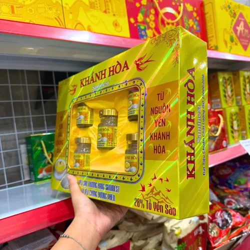 Sỉ yến Chưng Đường Phèn Khánh Hòa Saminest 28% Set 5 Hủ 70ml Hộp Màu Vàng