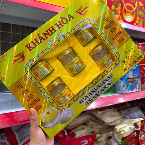 Sỉ yến Chưng Đường Phèn Khánh Hòa Saminest 28% Set 5 Hủ 70ml Hộp Màu Vàng