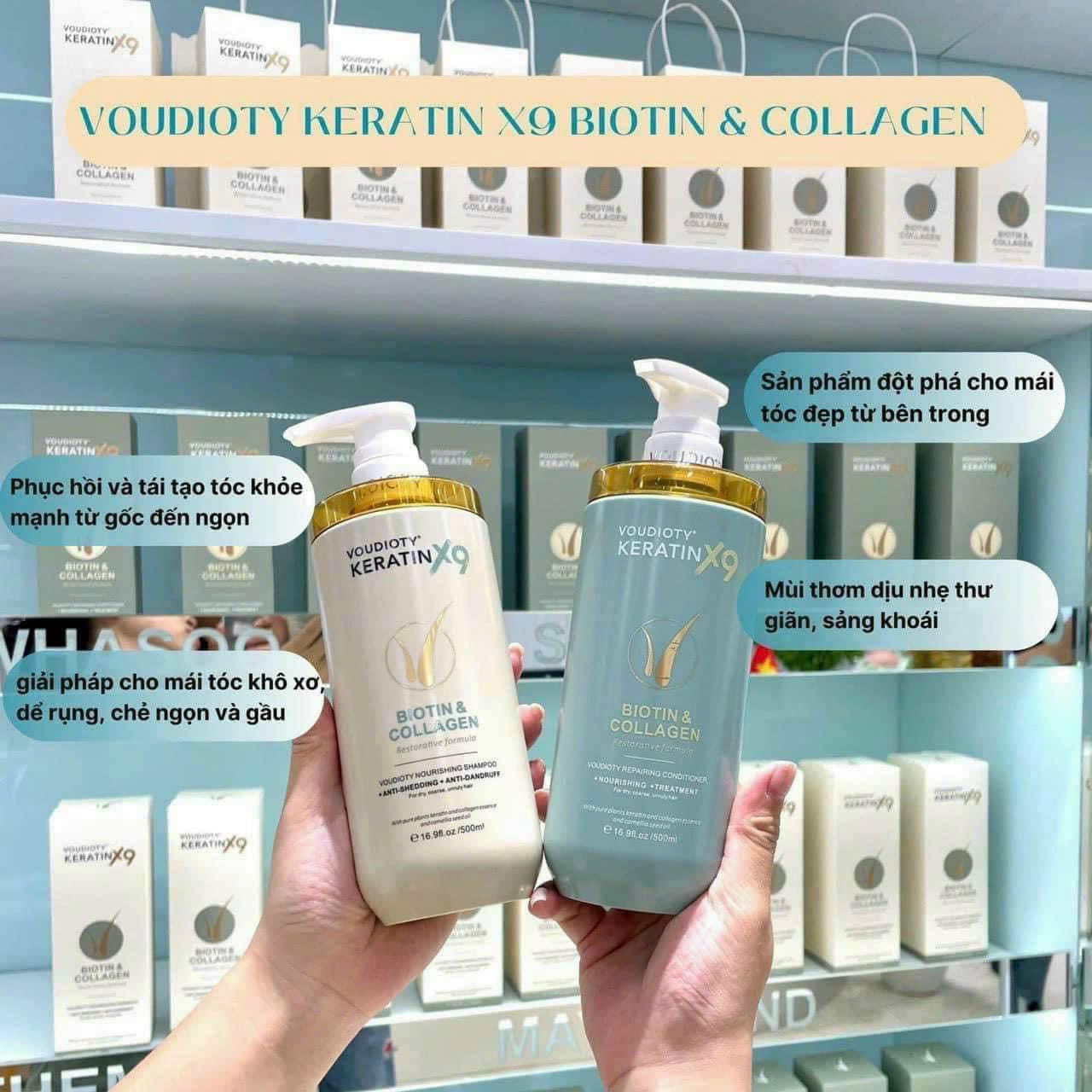 Combo Gội Xả Biotin Collagen Voudioty Keratin x9 500ml