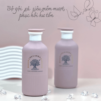 Combo Dầu Gội Xả Biotin Màu Hồng Collagen Essence Pink Voudioty 500ml