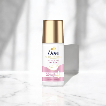Vùng da cánh tay sáng mịn đều màu là nhờ có Dove lăn khử mùi Dưỡng Trắng Dove 3% Niacinamide + 10x Collagen Chai Màu Tím 45ml