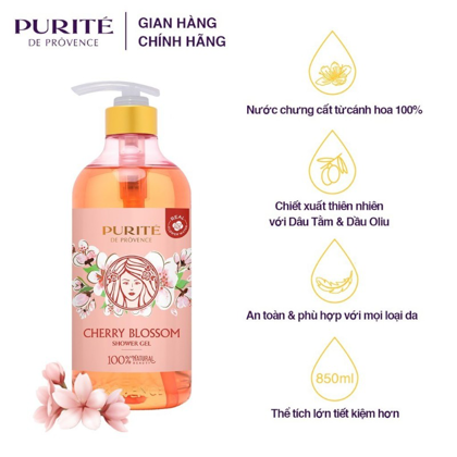 Sữa Tắm Purité Mềm Mịn Da Hương Hoa Anh Đào Cherry Blossom Chai 850ml chứa chiết xuất hoa anh đào