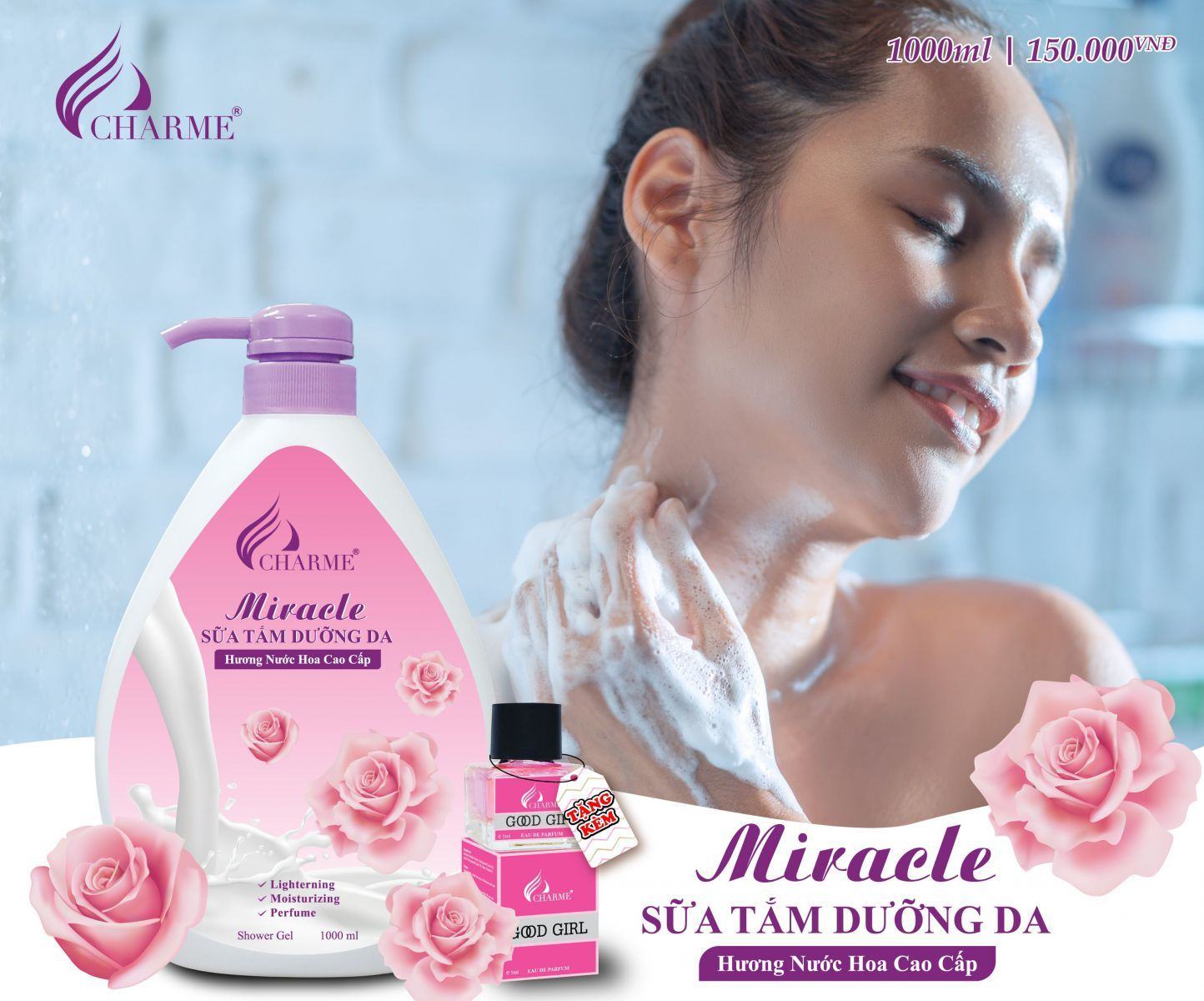Sữa tắm nước hoa Charme Miracle 1000ml hương Hoa Hồng