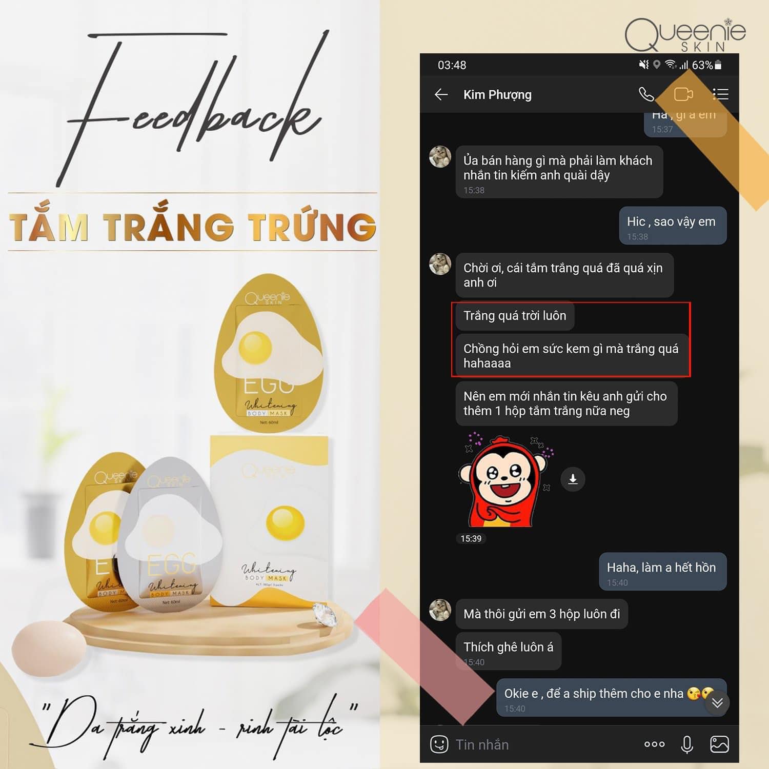 Bật tone ngay lần đầu sử dụng set tắm trắng trứng QUEENIE SKIN