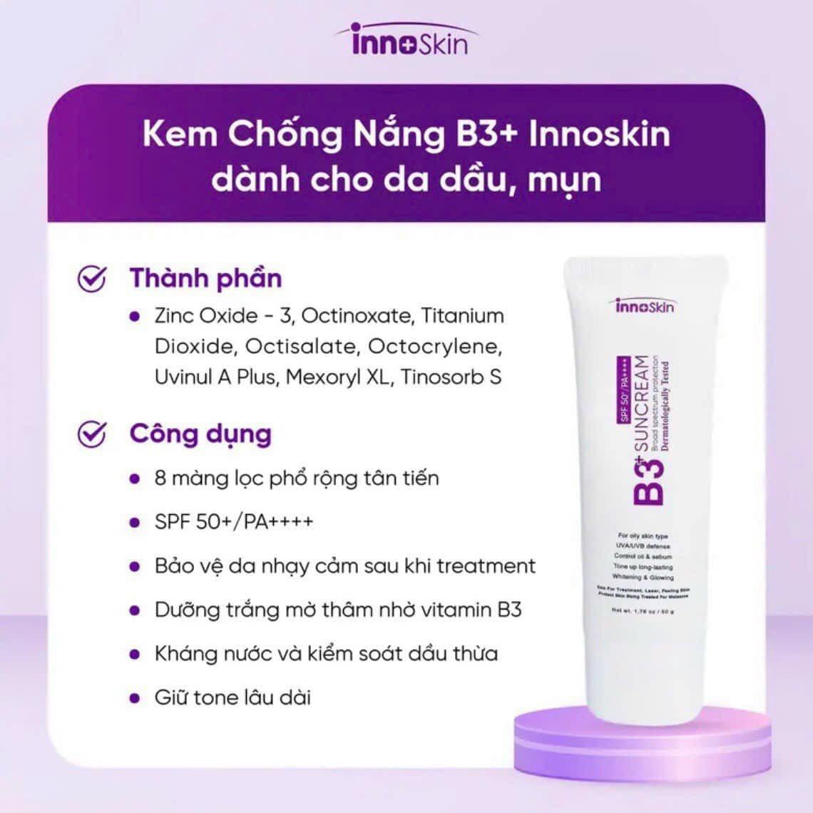 Chống Nắng Phổ Rộng nâng tone Innoskin B3 Tím Suncream SPF50+ PA++++ 50ml dành cho da dầu mụn