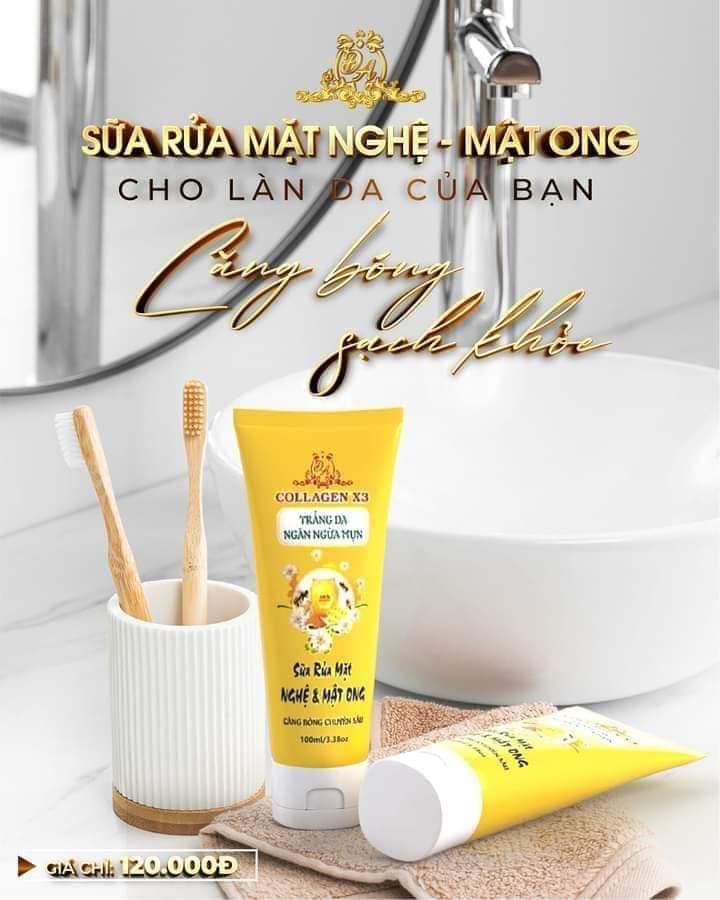Sữa rửa mặt Collagen X3 Nghệ Và Mật Ong Làm Sạch Lớp Tẩy Trang Và Toner Hiệu Quả