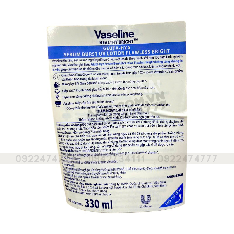 Sữa Dưỡng Thể Vaseline 10X Vàng Healthy Bright Gluta Hya Serum Flawless Glow 330ml (Hàng nhập khẩu có tem phụ) 13 Sữa Dưỡng Thể Vaseline 10X Vàng Healthy Bright Gluta Hya Serum Flawless Glow 330ml (Hàng nhập khẩu có tem phụ)