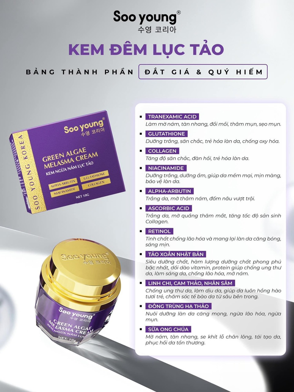 23064-z4909332360819-89aedae4802b6d670d280cfe4fd35a73-4.jpg Kem Face Tím Giảm Nám Soo Young Mini Green Algae Melasma Cream - FACETIMMINI