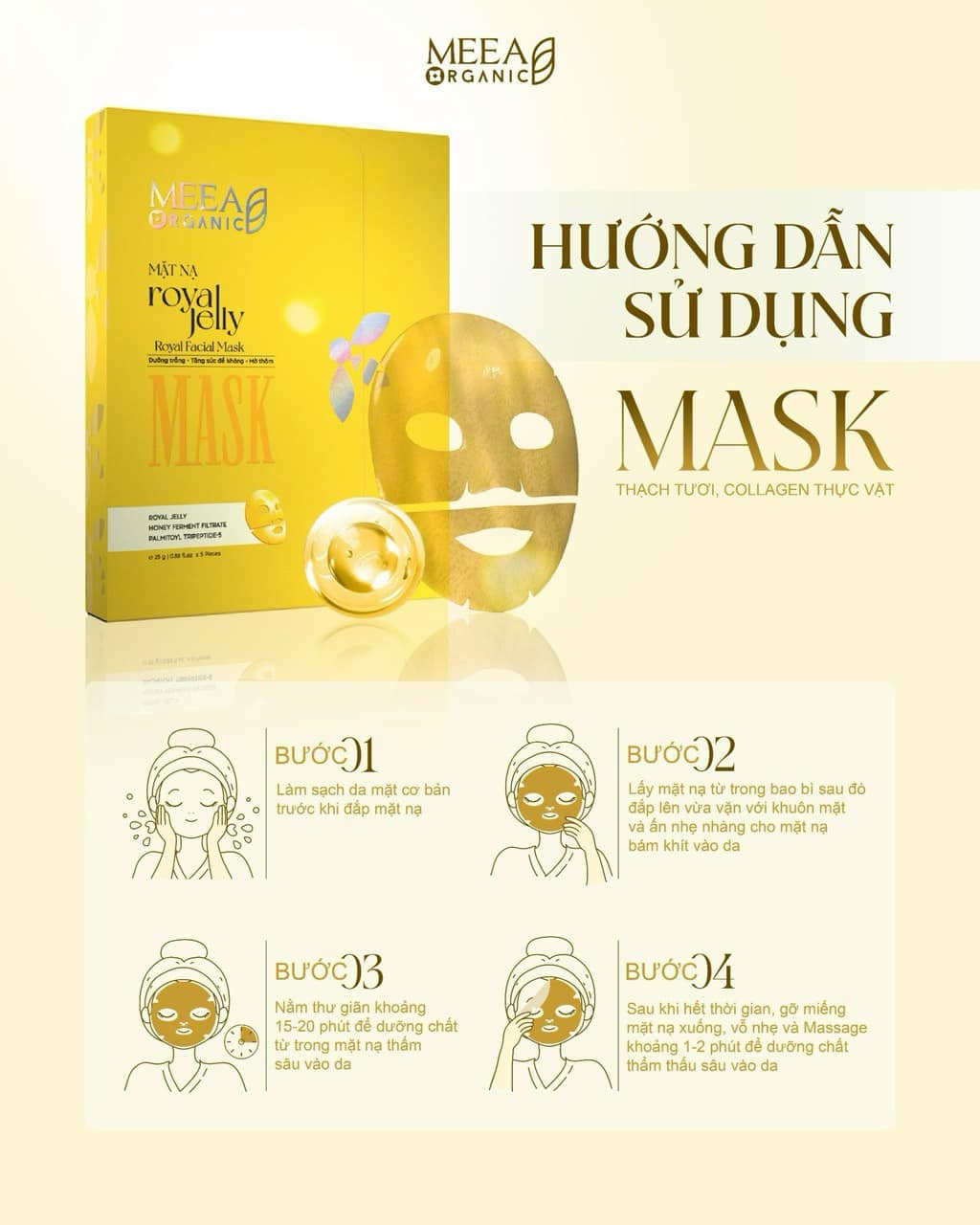 Mặt Nạ Thạch Collagen Meea Organic Màu Vàng Royal Jelly Mask Hộp 5 Miếng 9 Mặt Nạ Thạch Collagen Meea Organic Màu Vàng Royal Jelly Mask Hộp 5 Miếng