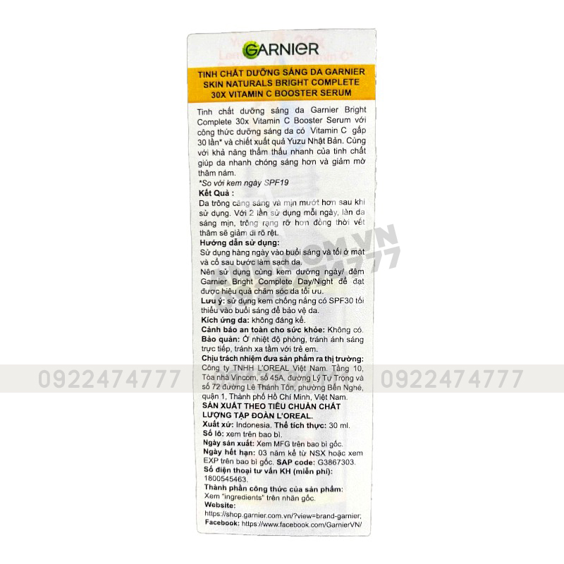 25365_tem-photoroom_20241005173330-2.jpg Serum Garnier Dưỡng Sáng Da Skin Naturals Bright Complete 30x Vitamin C Booster Serum 30ml - 8994993011421