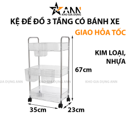Kệ Để Đồ - Kệ 3 Tầng - Kệ Bếp - Kệ Nhựa Trong Suốt Có Bánh Xe 67x23x35cm - KDD3T
