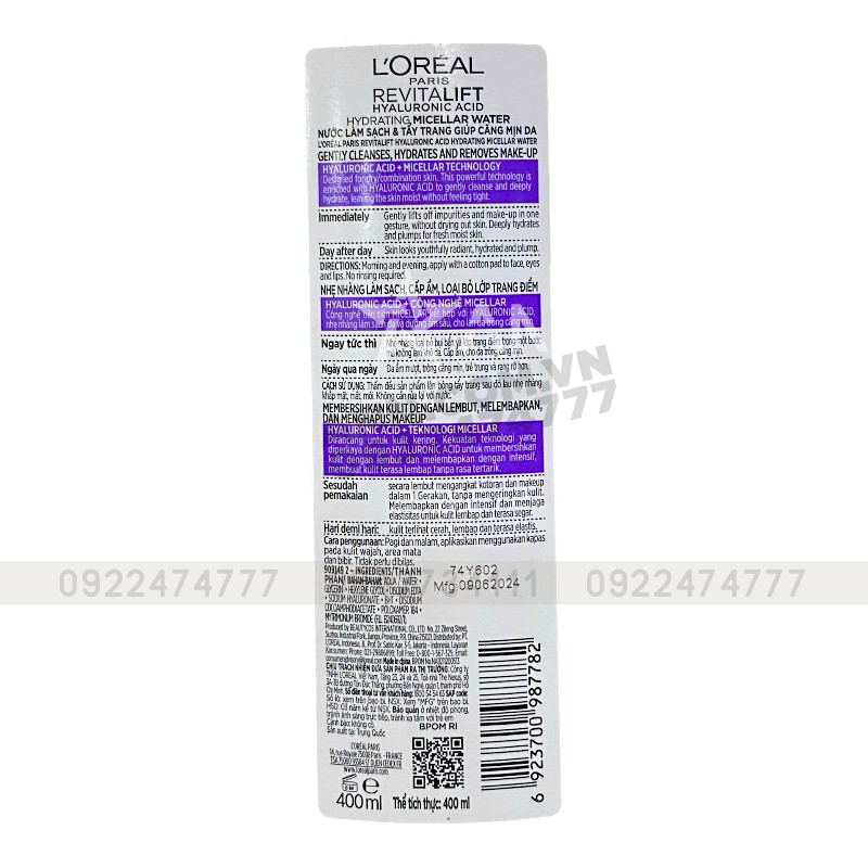Đánh giá nước Tẩy Trang Loreal Màu Tím Sạch Sâu Cấp Ẩm Revitalift Hyaluronic Acid Micellar Water 400ml - Hàng Công Ty Có Tem Phụ 9 Đánh giá nước Tẩy Trang Loreal Màu Tím Sạch Sâu Cấp Ẩm Revitalift Hyaluronic Acid Micellar Water 400ml - Hàng Công Ty Có Tem Phụ