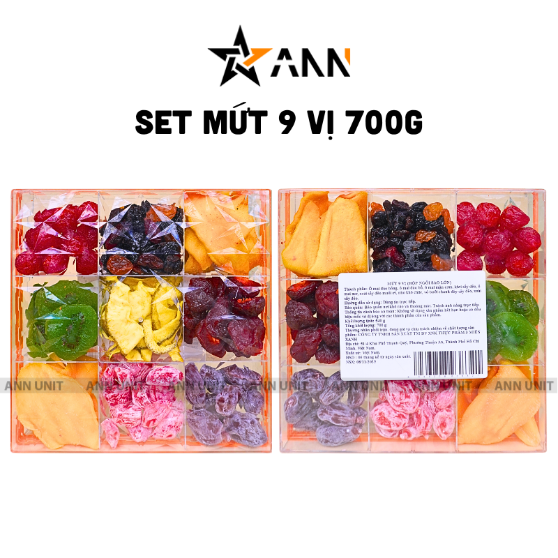25760_1_20251112153727-2.png Set Hộp Mix Mứt 9 Vị (Đào Hồng, Đào Vàng, Đào Bổ, Kiwi, Mận Cơm, Xí Muội Voi, Nho Vàng, Nho Chile, Vỏ Bưởi Chanh Dây) Ngôi Sao Lớn 700G Hộp Tết 2026 - MCVHNSL700