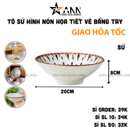 Tô Sứ Hình Nón Họa Tiết Vẽ Bằng Tay Cao Cấp 20x20x8cm - TSHN01