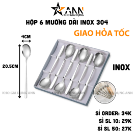 Hộp 6 Muỗng Dài Inox 304 - Thìa Inox Cao Cấp Bền Đẹp 20.5x4cm - MIN30402