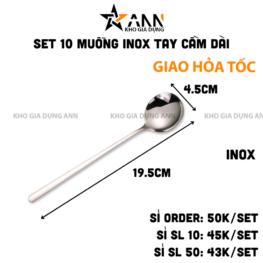 Set 10 Muỗng Dài Inox 304 - Thìa Inox Cao Cấp Bền Đẹp 19.5x4.5cm - MIN30403