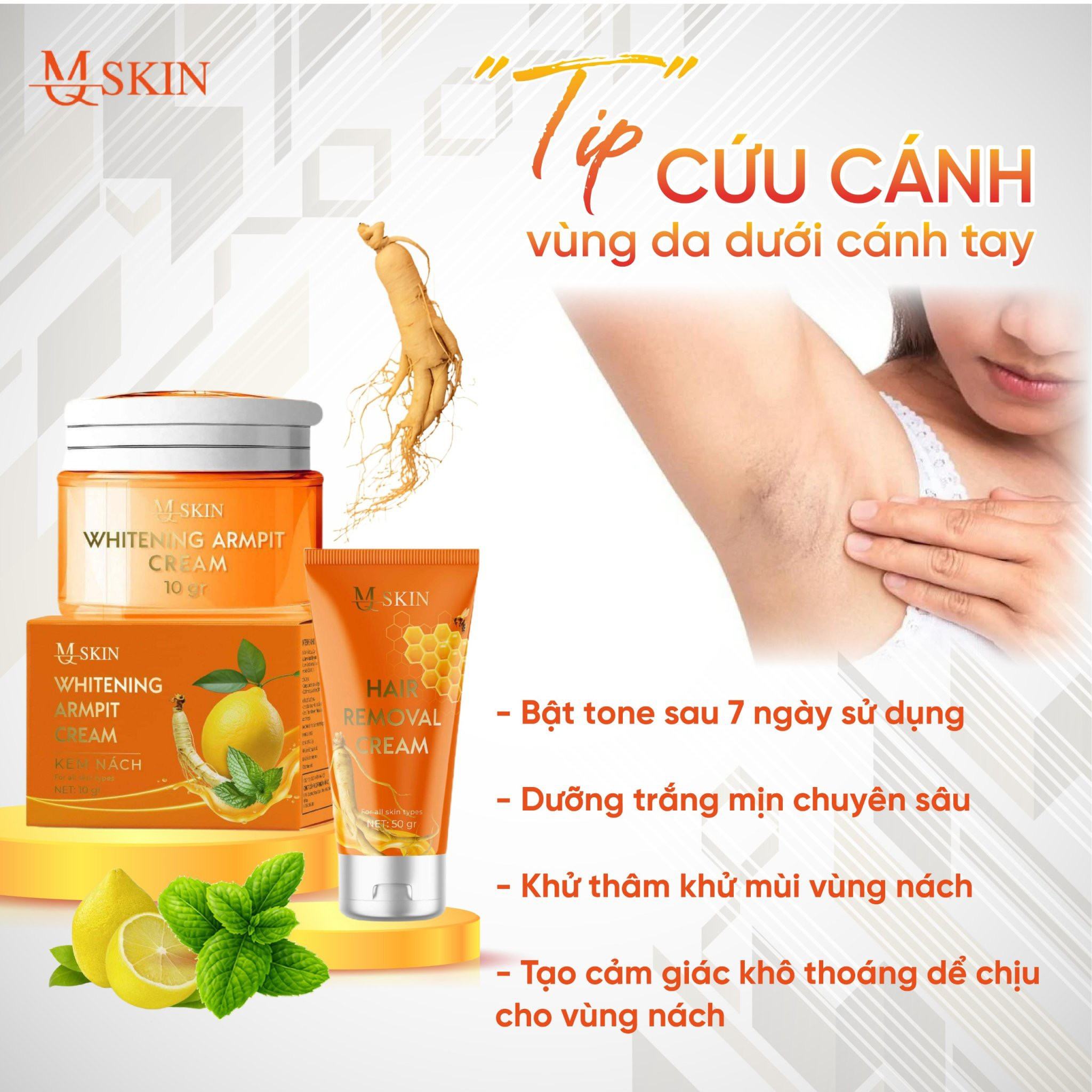 Combo Kem Tẩy Lông + Kem Thâm Nách MQ Skin Sâm Chanh Mật