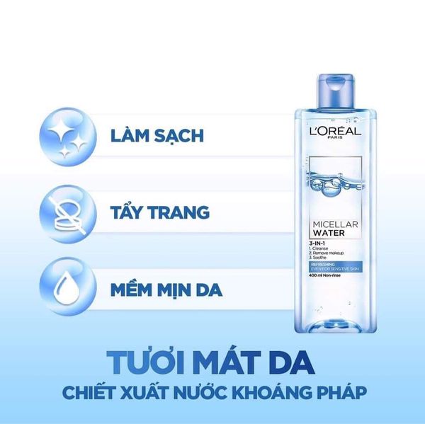 Nước Tẩy Trang L'Oreal Paris 3-in-1 Micellar Water Refreshing 400ml Màu xanh dương nhạt