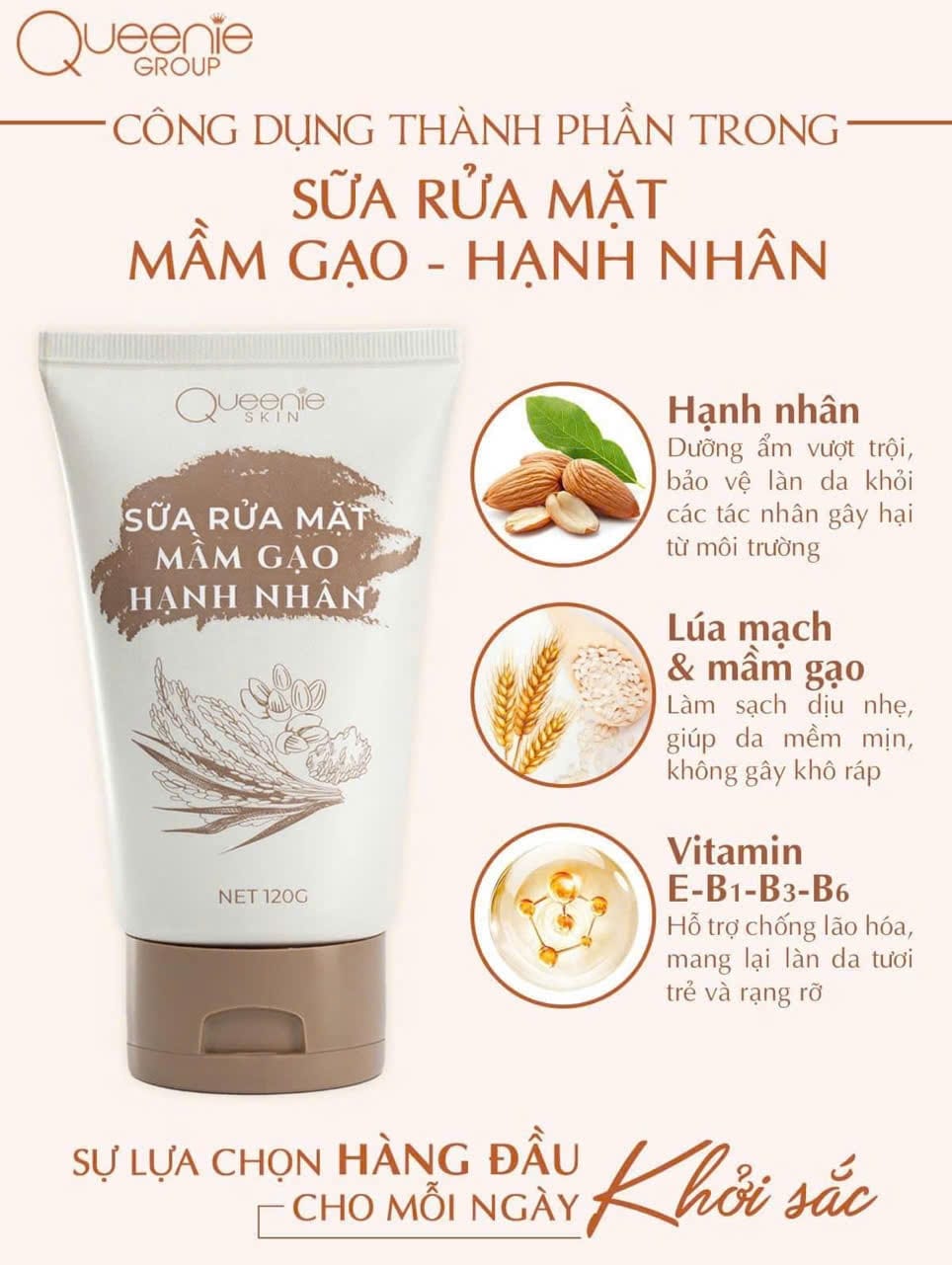 Sữa Rửa Mặt Mầm Gạo Hạnh Nhân Queenie Skin 120g