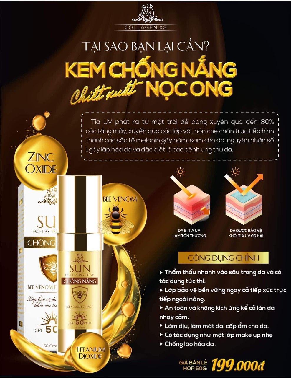 Kem chống nắng nọc ong Collagen X3 chính hãng công ty Đông Anh