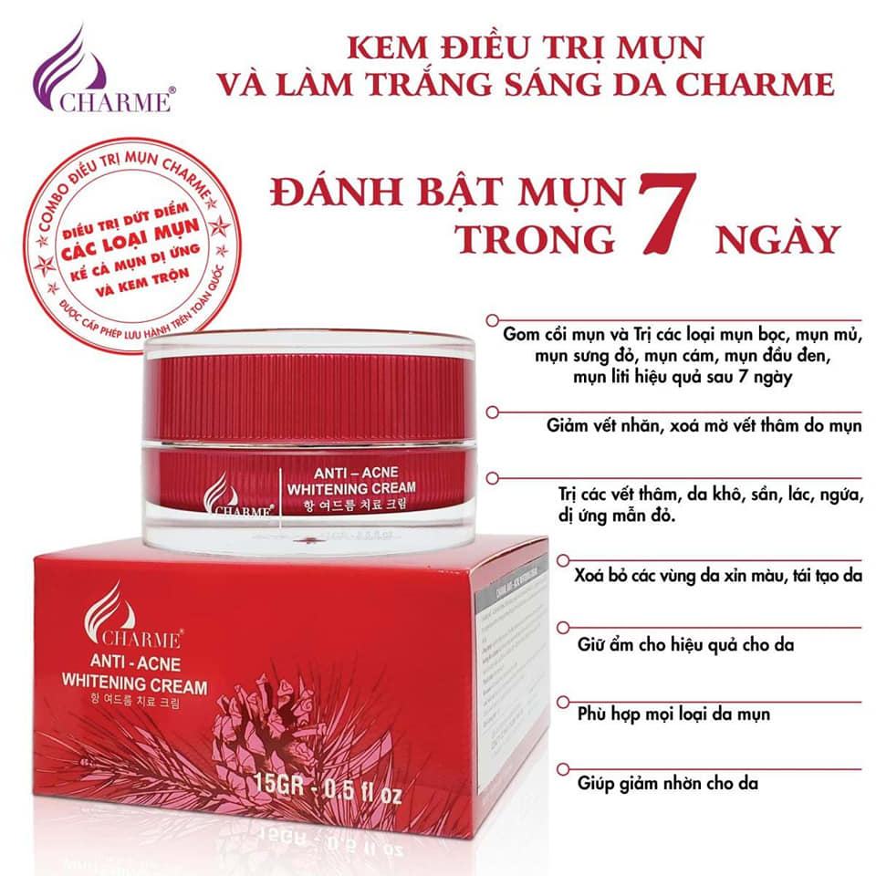Kem trị mụn trắng da thông đỏ Charme Anti Acne Whitening Cream
